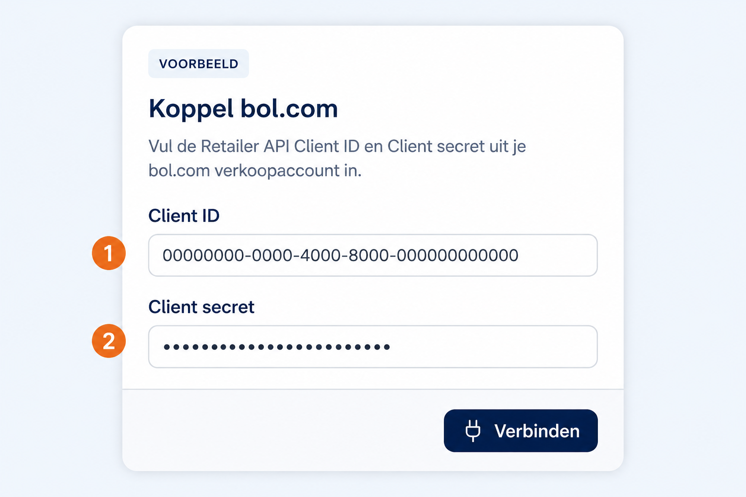 The Kovan ‘Connect Bol.com’ dialog with fields for Client ID and Client secret.