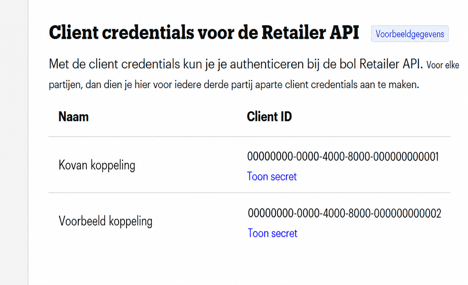 The bol.com Partner Platform showing the ‘Client credentials voor de Retailer API’ section with the ‘+ Aanmaken’ button.